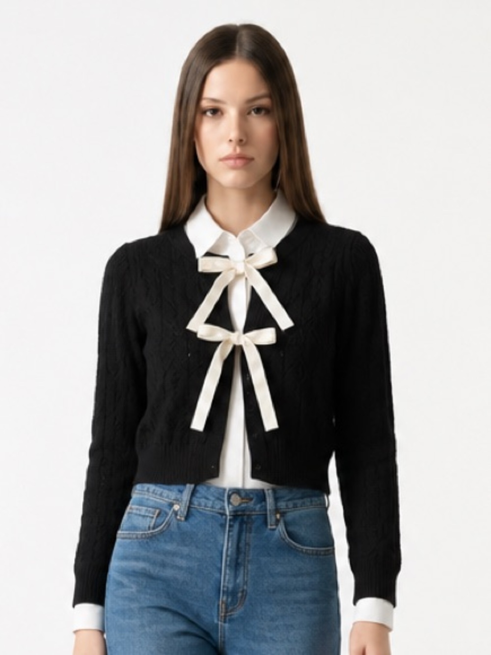 Lulu's Black Cropped Cable-Knit Cardigan with Cream Bow Ties
